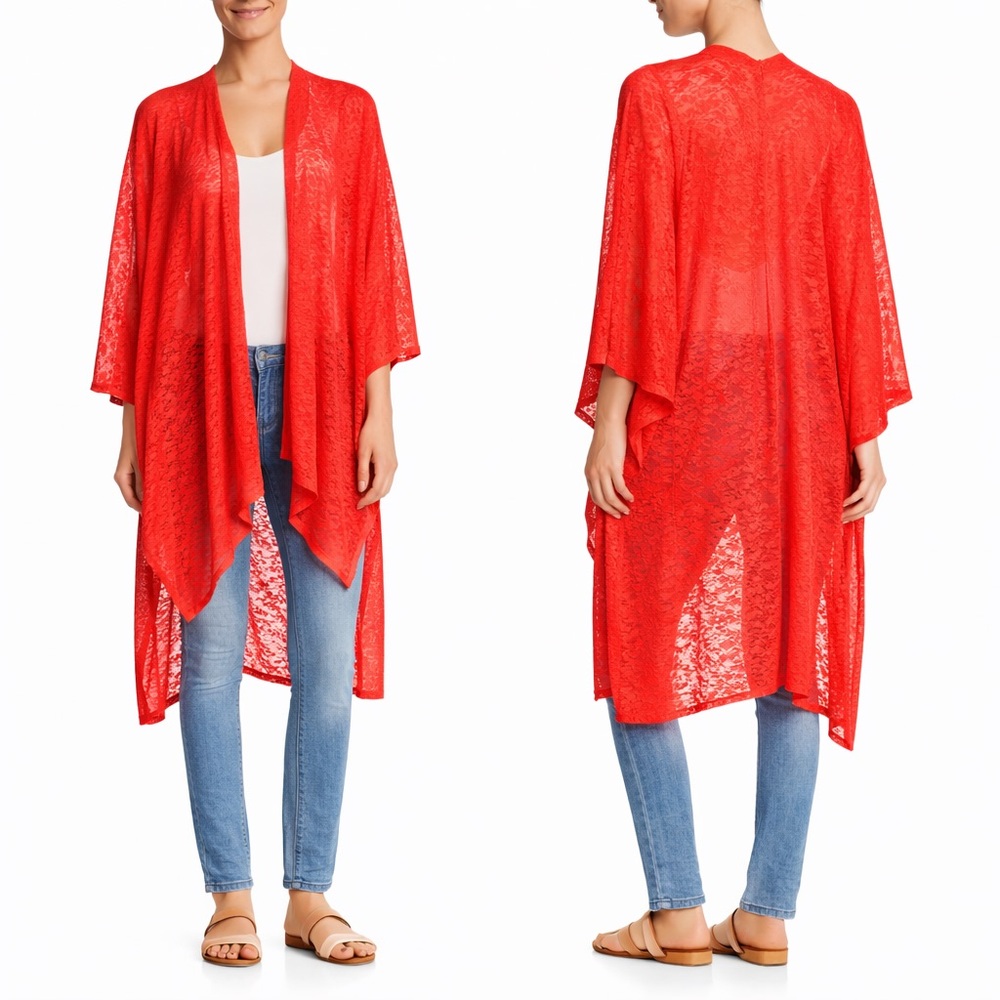 Status by Chenault Orange Cascade Drape Cardigan Swim Cover Up M Boho Kimono
